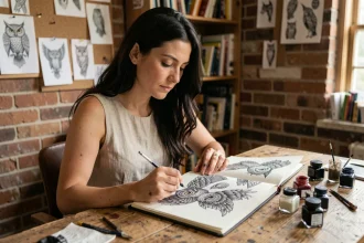 Femme artiste étudiant des dessins de tatouage hibou dans un carnet de croquis, entourée de références artistiques dans un atelier en briques