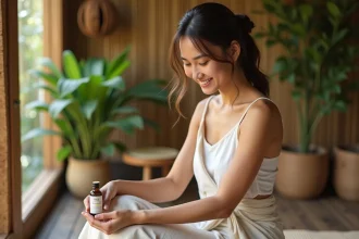 Jeune femme balinaise se massant avec de l'huile de jasmin