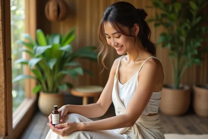 Jeune femme balinaise se massant avec de l'huile de jasmin