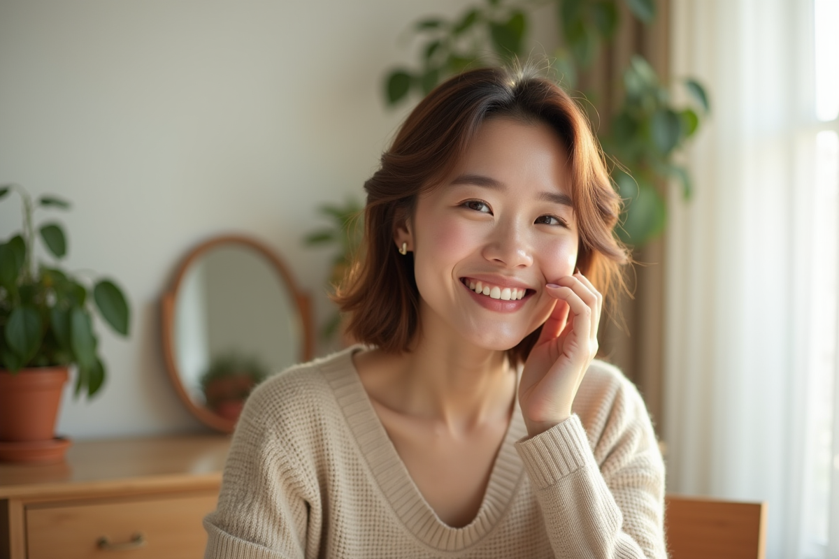 Femme appliquant du blush dans une chambre lumineuse