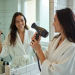 Femme utilisant une brosse soufflante pour réaliser un brushing parfait devant le miroir de sa salle de bain
