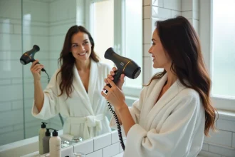 Femme utilisant une brosse soufflante pour réaliser un brushing parfait devant le miroir de sa salle de bain