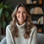 Femme souriante aux cheveux bruns et gris dans un salon cosy