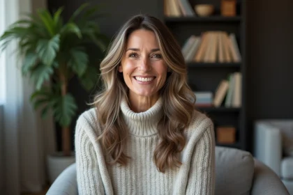 Femme souriante aux cheveux bruns et gris dans un salon cosy