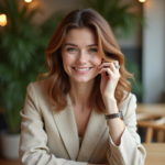 Femme élégante dans un café urbain avec blazer beige
