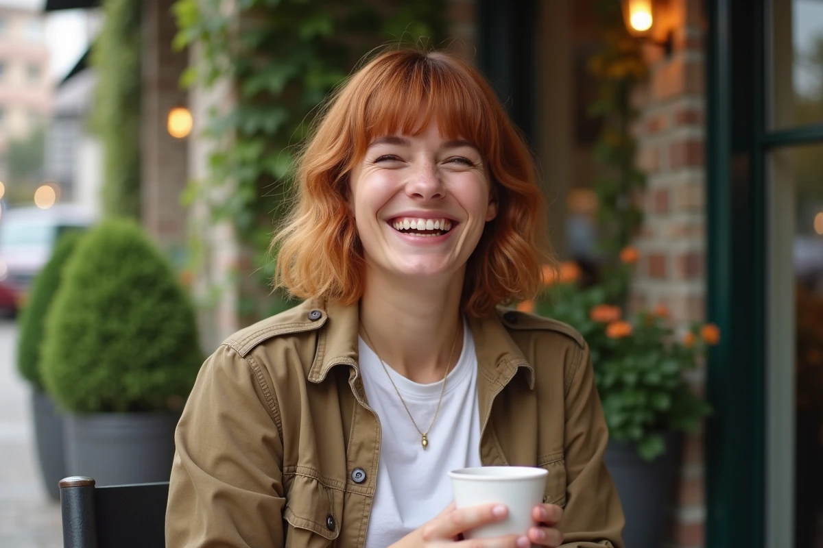 Jeune femme souriante au café en extérieur