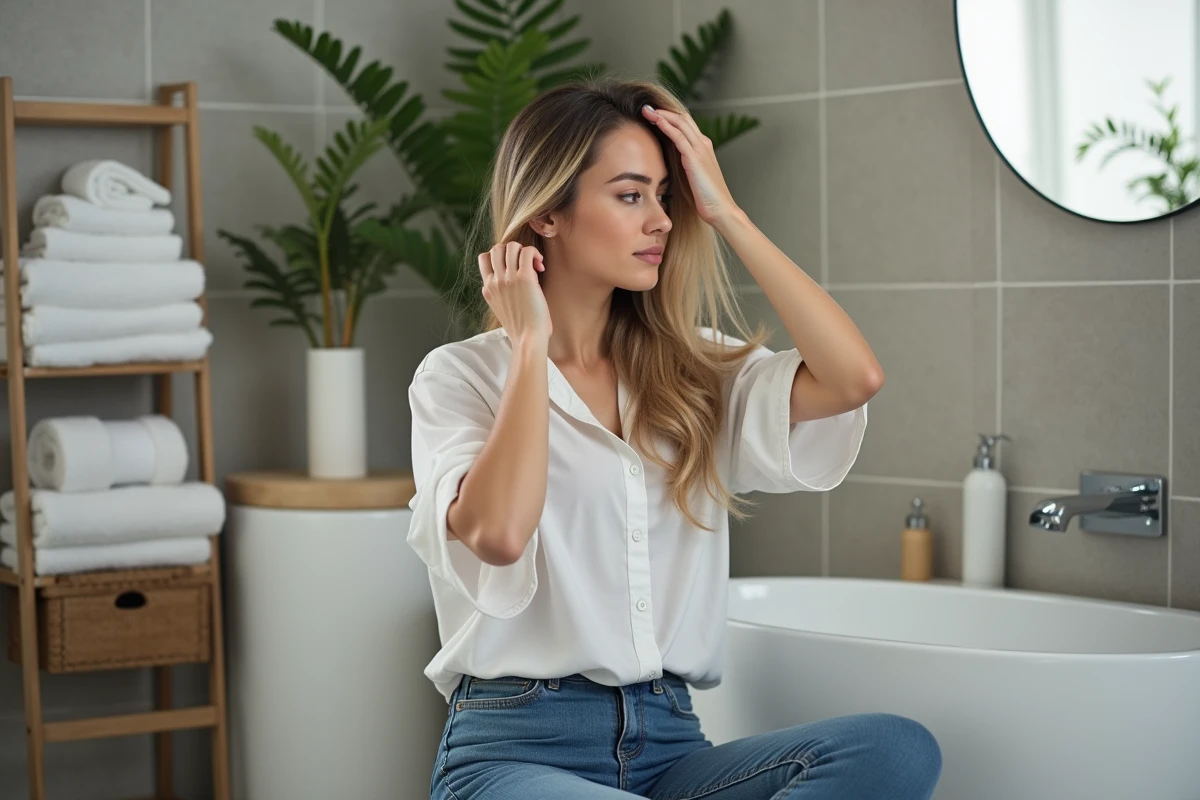 Femme aux cheveux longs et brillants dans une salle de bain moderne