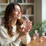 Femme tenant un flacon de parfum élégant près de son visage dans un appartement parisien, expression sereine