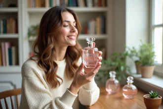 Femme tenant un flacon de parfum élégant près de son visage dans un appartement parisien, expression sereine