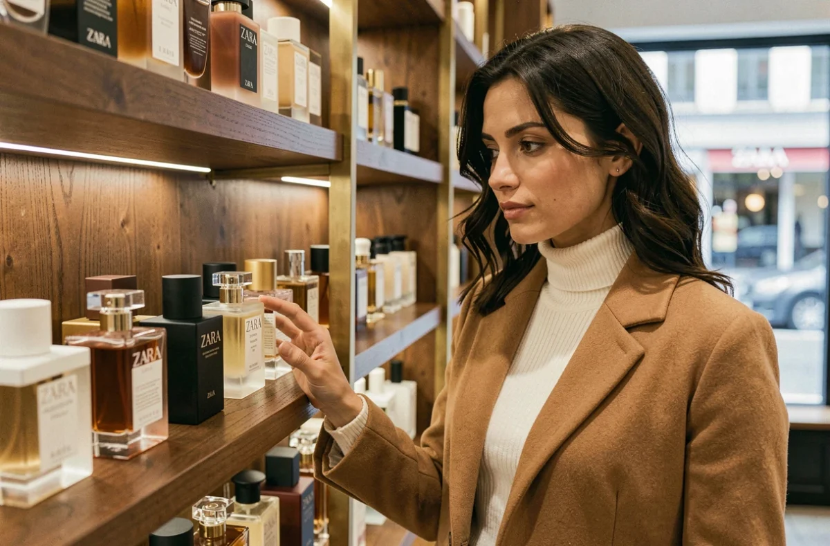 Femme découvrant les flacons de parfum Zara dans une boutique élégante aux étagères en bois