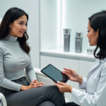 Femme d'âge moyen en clinique de peau écoute un professionnel