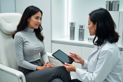 Femme d'âge moyen en clinique de peau écoute un professionnel
