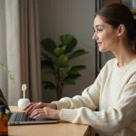 Femme cherchant un code promo aromathérapie sur un ordinateur portable entouré de flacons d'huiles essentielles