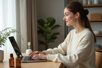 Femme cherchant un code promo aromathérapie sur un ordinateur portable entouré de flacons d'huiles essentielles