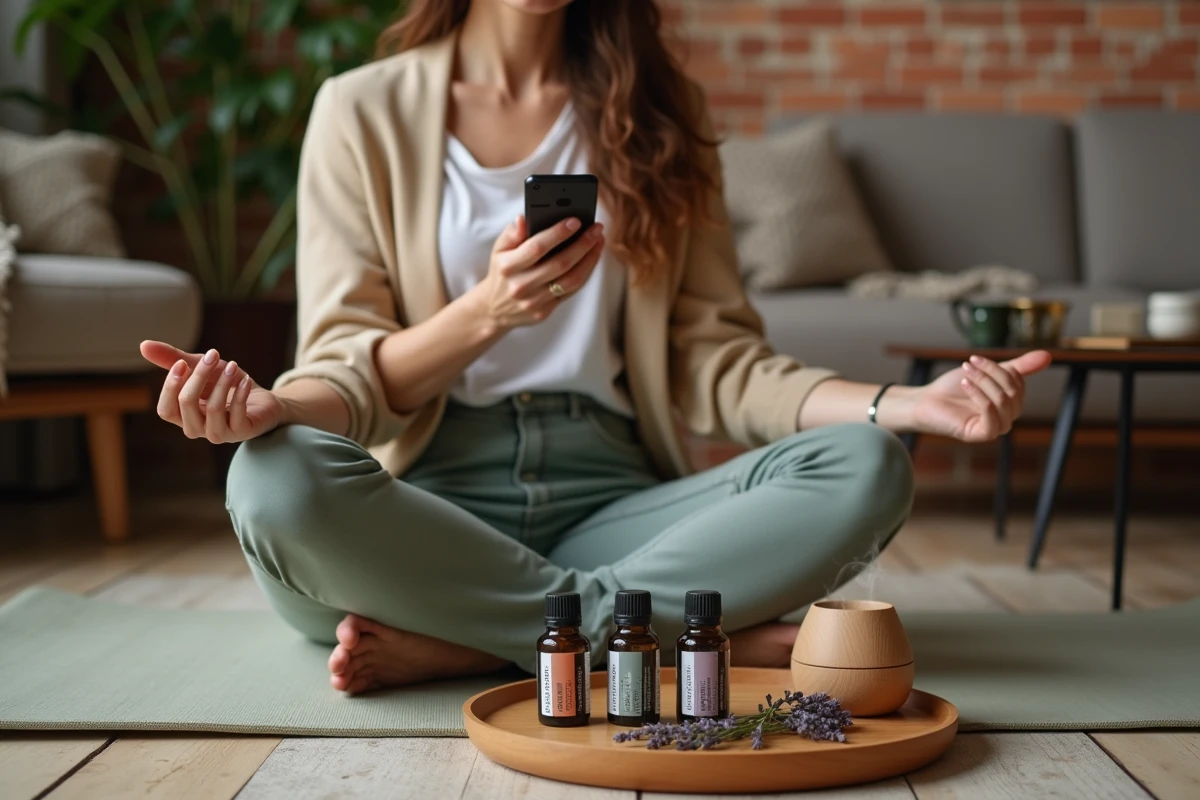 Femme utilisant un code promo sur smartphone entourée de produits d'aromathérapie dans un cadre zen à domicile