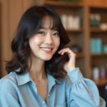 Femme souriante dans un salon moderne et chaleureux