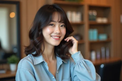 Femme souriante dans un salon moderne et chaleureux