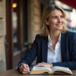 Femme confiante en blazer dans un café urbain en extérieur