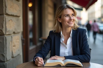 Femme confiante en blazer dans un café urbain en extérieur