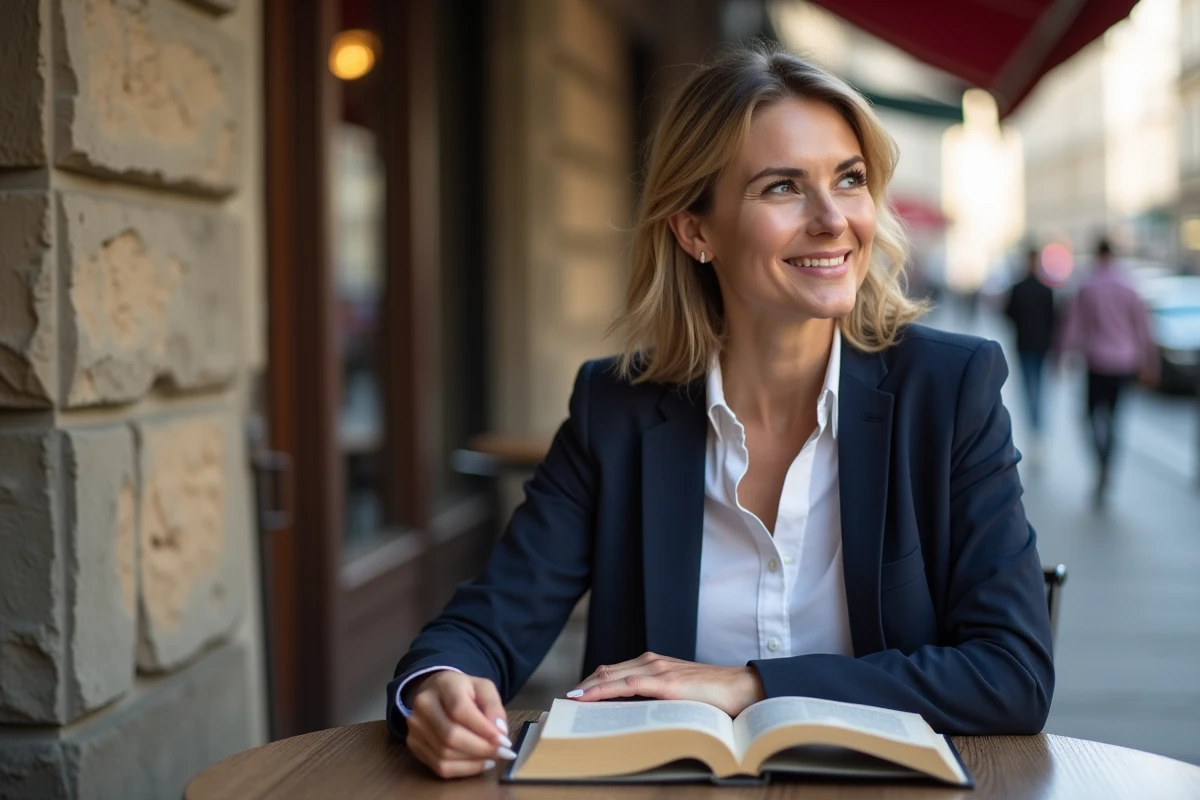 Femme confiante en blazer dans un café urbain en extérieur