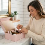 Femme déballant sa boîte à beauté mensuelle sur une coiffeuse en marbre blanc avec des produits cosmétiques soigneusement arrangés