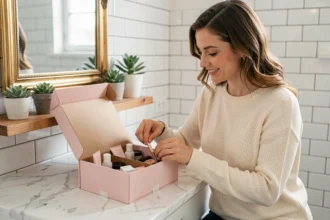 Femme déballant sa boîte à beauté mensuelle sur une coiffeuse en marbre blanc avec des produits cosmétiques soigneusement arrangés
