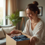 Femme souriante déballant des vêtements à la mode dans un salon lumineux