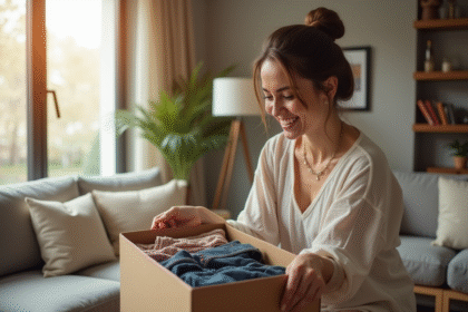 Femme souriante déballant des vêtements à la mode dans un salon lumineux