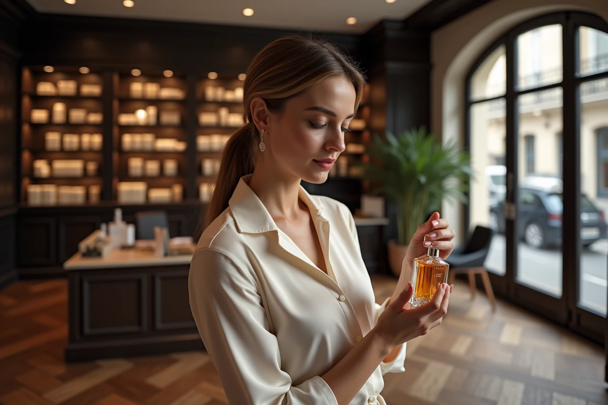 Femme élégante tenant un flacon Gissah dans une boutique de parfums niche parisienne aux étagères en bois sombre