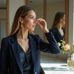 Femme élégante ajustant une boucle d'oreille dans un intérieur sophistiqué