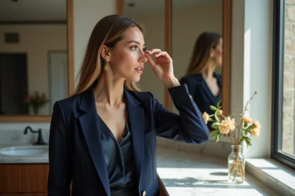 Femme élégante ajustant une boucle d'oreille dans un intérieur sophistiqué