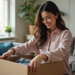 Femme souriante emballant des vêtements tendance pour Vinted