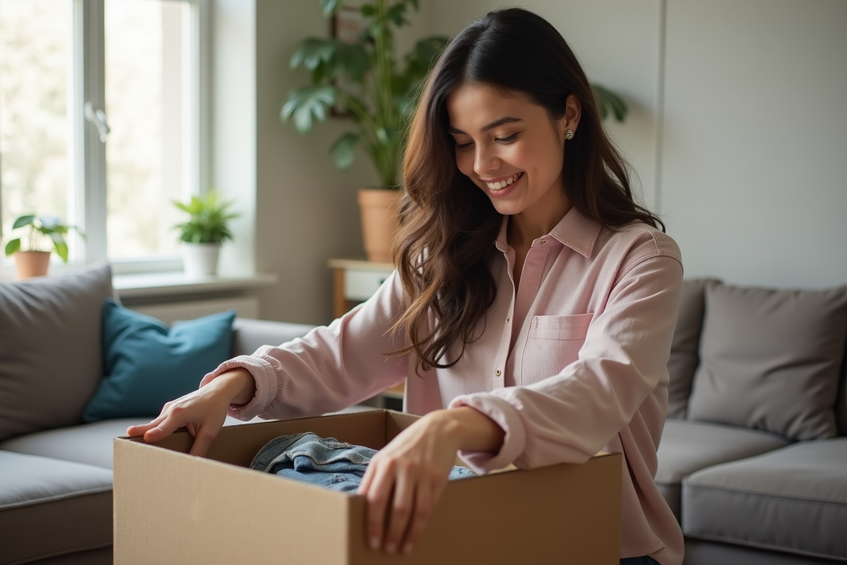 Femme souriante emballant des vêtements tendance pour Vinted