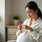 Femme enceinte examinant son ongle douloureux dans un cabinet médical propre et rassurant