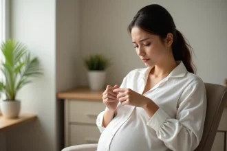 Femme enceinte examinant son ongle douloureux dans un cabinet médical propre et rassurant
