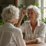 Femme d'un certain âge appliquant de la henné à ses racines