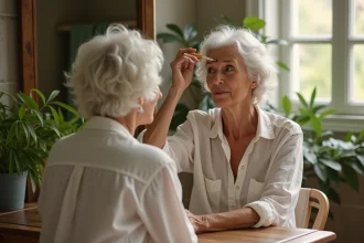 Femme d'un certain âge appliquant de la henné à ses racines