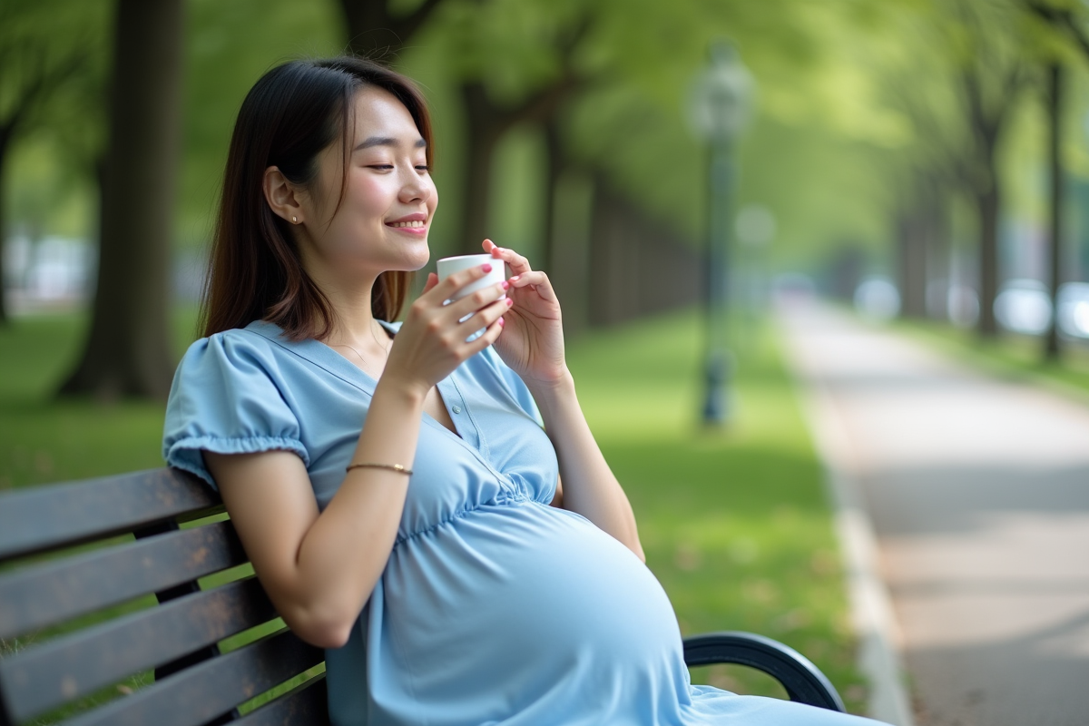 Femme enceinte appliquant crème dans un parc verdoyant