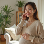 Femme enceinte souriante dans un intérieur lumineux