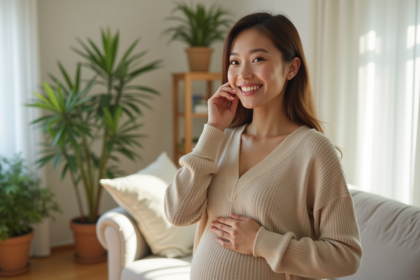 Femme enceinte souriante dans un intérieur lumineux