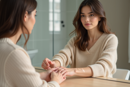 Femme examine des échantillons de fond de teint sur son bras