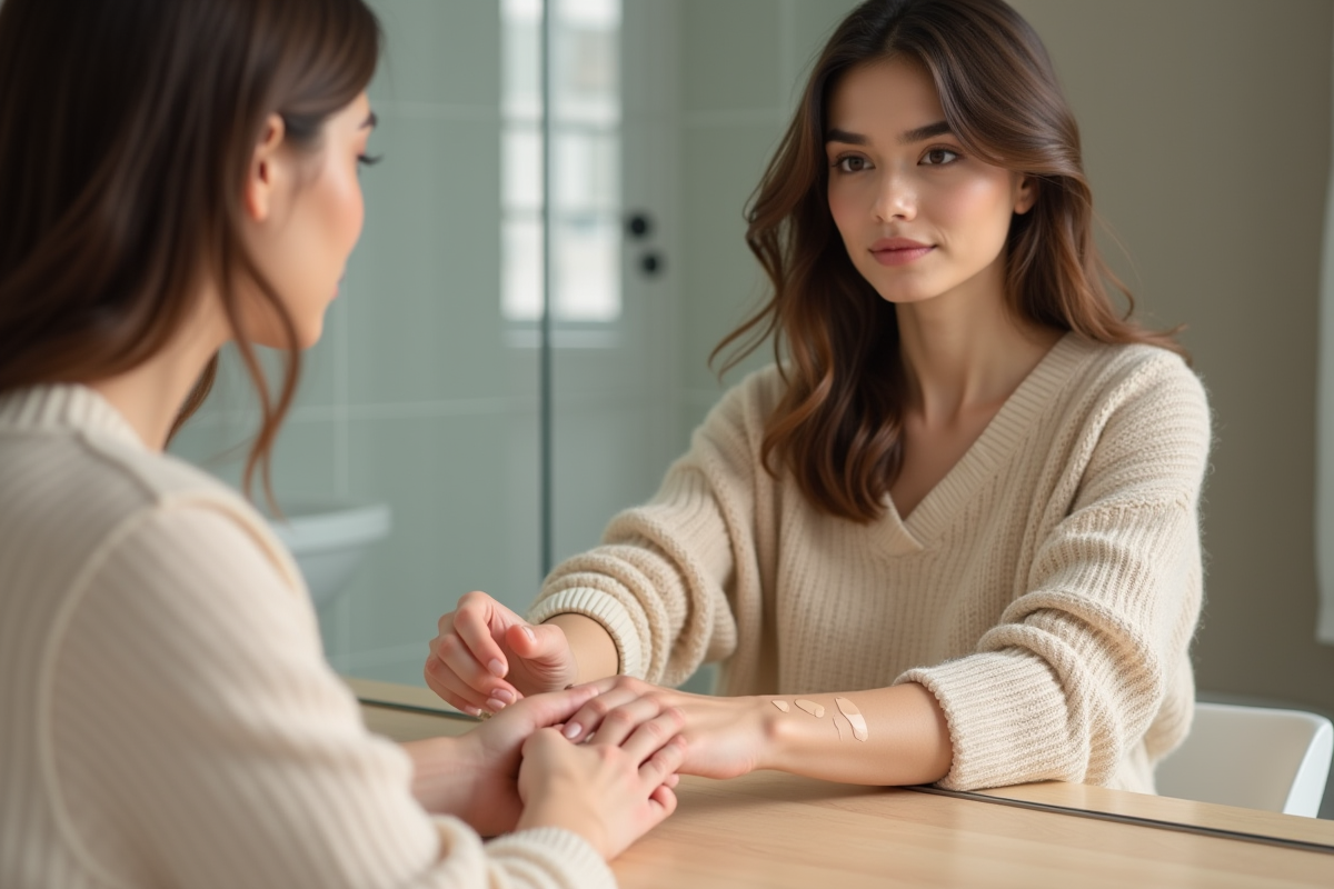 Femme examine des échantillons de fond de teint sur son bras