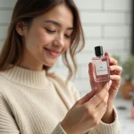 Jeune femme tenant un flacon de parfum dupe Adopt sur un comptoir de salle de bain minimaliste, comparant des parfums abordables aux grandes marques