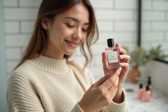 Jeune femme tenant un flacon de parfum dupe Adopt sur un comptoir de salle de bain minimaliste, comparant des parfums abordables aux grandes marques
