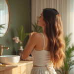 Femme appliquant de l'huile sur ses pointes de cheveux brillants