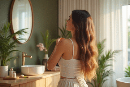 Femme appliquant de l'huile sur ses pointes de cheveux brillants