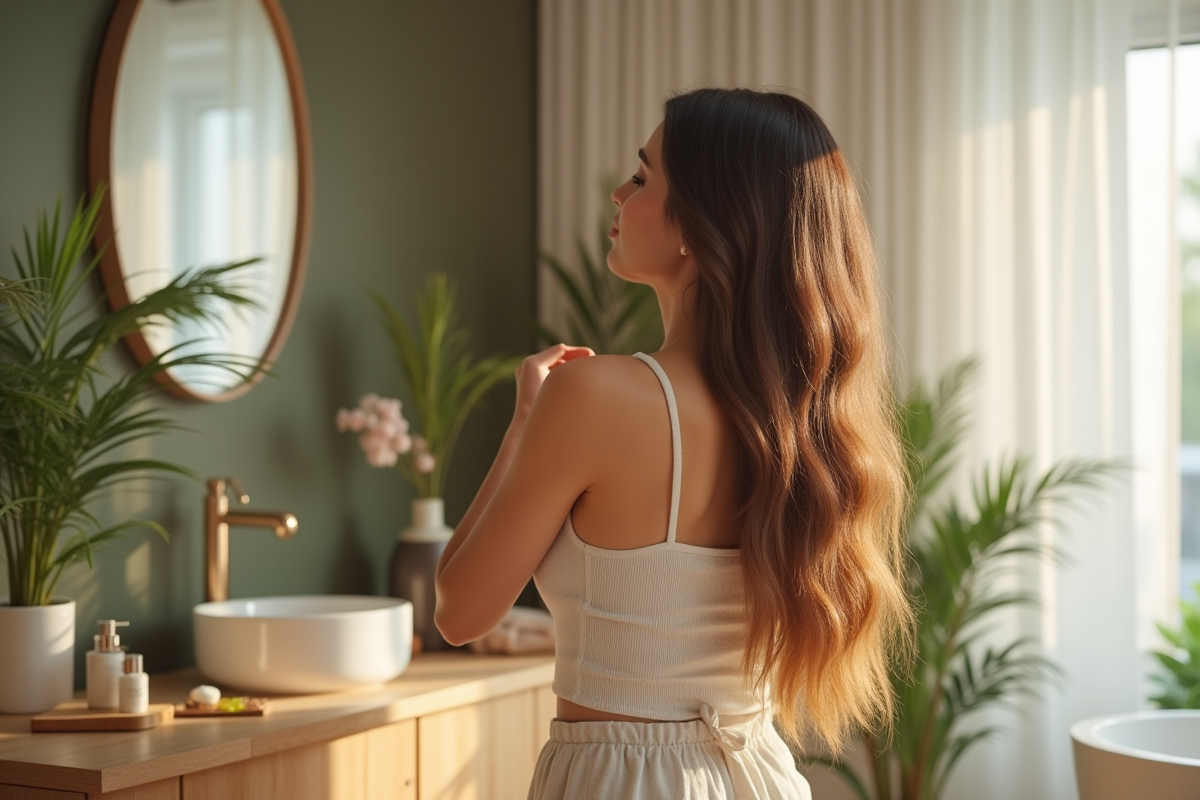 Femme appliquant de l'huile sur ses pointes de cheveux brillants