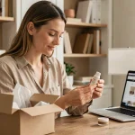 Femme inspectant un produit cosmétique reçu en livraison depuis Primor en France, assis à un bureau en bois avec un colis ouvert