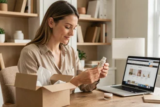 Femme inspectant un produit cosmétique reçu en livraison depuis Primor en France, assis à un bureau en bois avec un colis ouvert