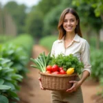 Femme dans un jardin avec panier de légumes bio